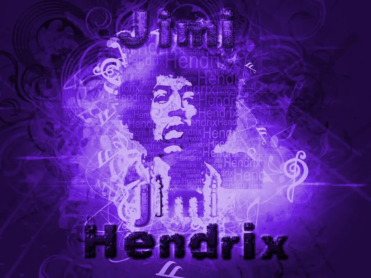 Jimi Hendrix w fioletowej poświacie, otoczony nutami i powtarzającym się imieniem. To hołd dla legendy gitary, której chwyty wciąż inspirują.