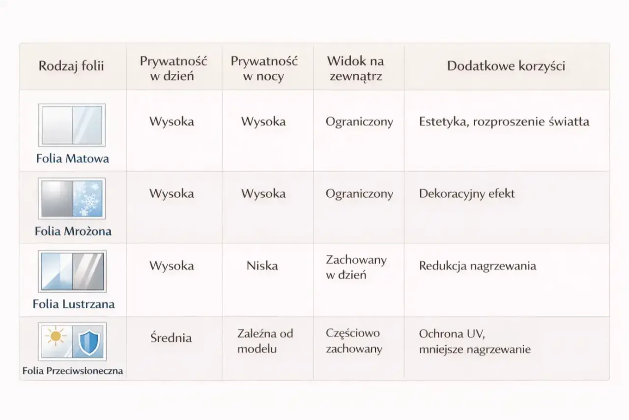 Tabela porównuje folie do szyb: matowe, mrożone, lustrzane, przeciwsłoneczne. Dowiedz się, czym zasłonić szyby w meblach, by zapewnić prywatność i estetykę.