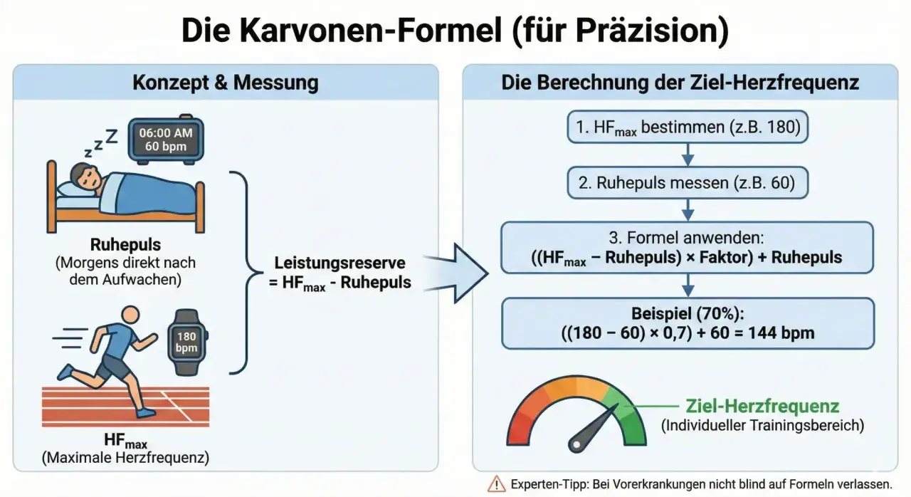 Diagramm zeigt, wie man den **puls bei anstrengung** berechnet. Es erklärt Ruhepuls, maximale Herzfrequenz und die Karvonen-Formel zur Ermittlung der Ziel-Herzfrequenz.