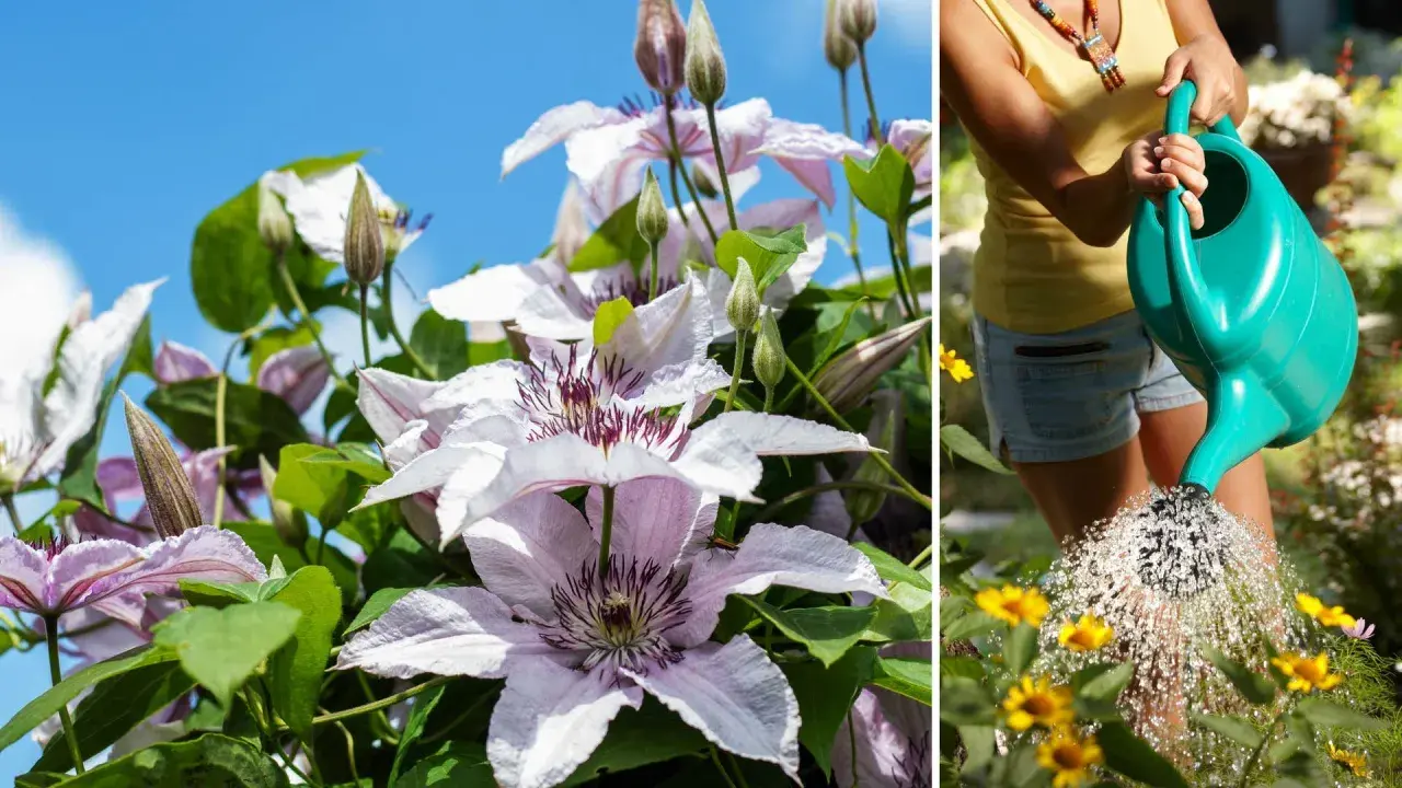 Vackra klematis sorter blommar i solen medan en person vattnar gula blommor i trädgården.
