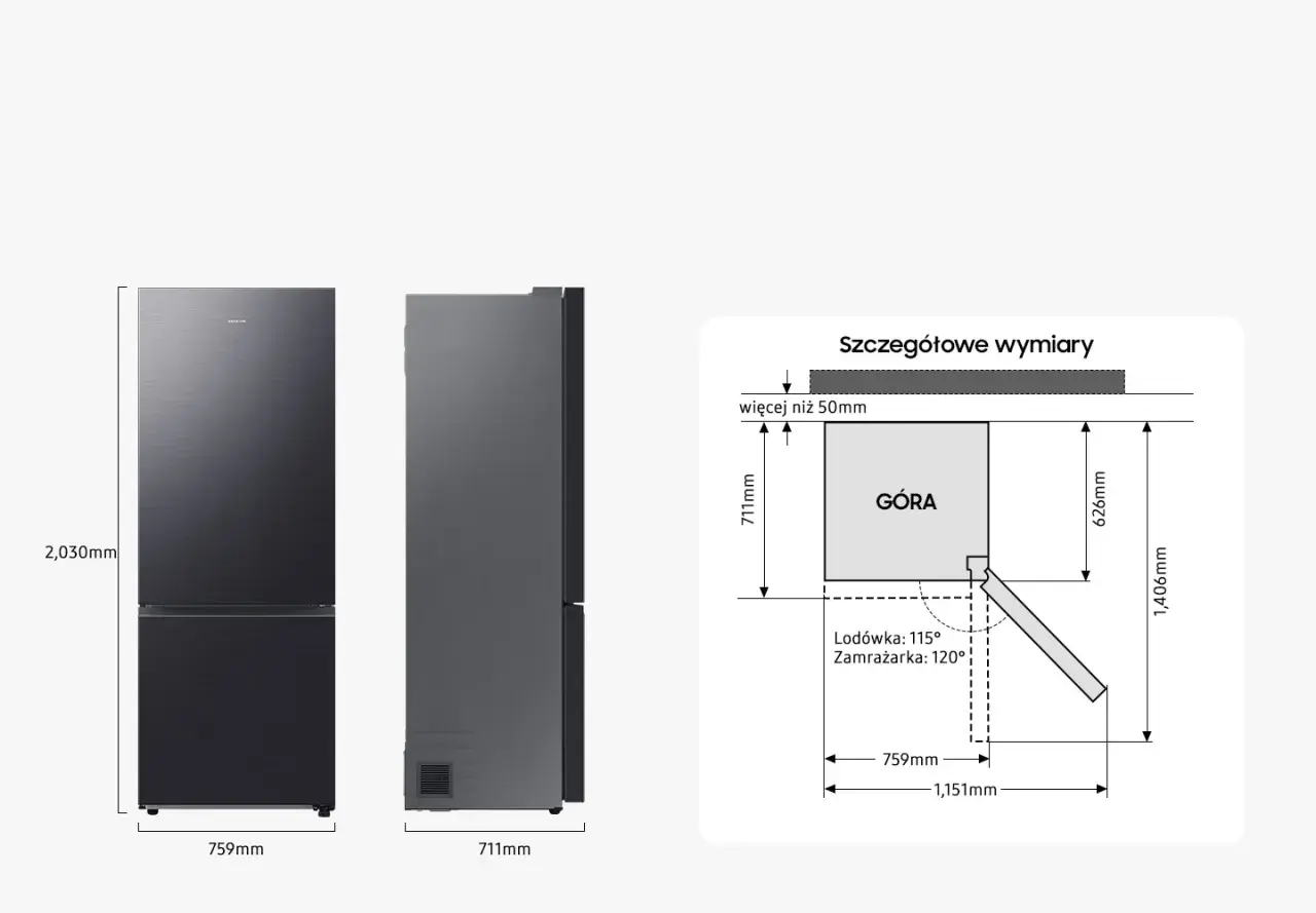 Szczegółowe wymiary lodówki wolnostojącej: wysokość 2030mm, szerokość 759mm, głębokość 711mm. Diagram pokazuje kąty otwarcia drzwi.