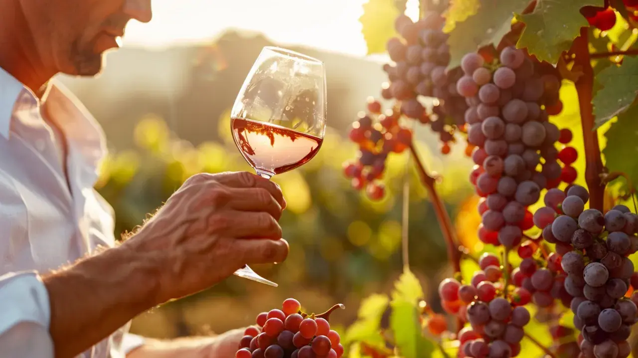 Uomo con bicchiere di vino rosato in vigneto, tra grappoli d'uva matura. Un assaggio delle tenute Chianti al tramonto.
