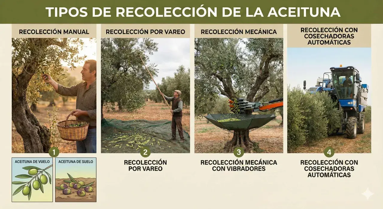 Cuatro métodos de recogida de la oliva: manual, por vareo, mecánica con vibradores y con cosechadoras automáticas.