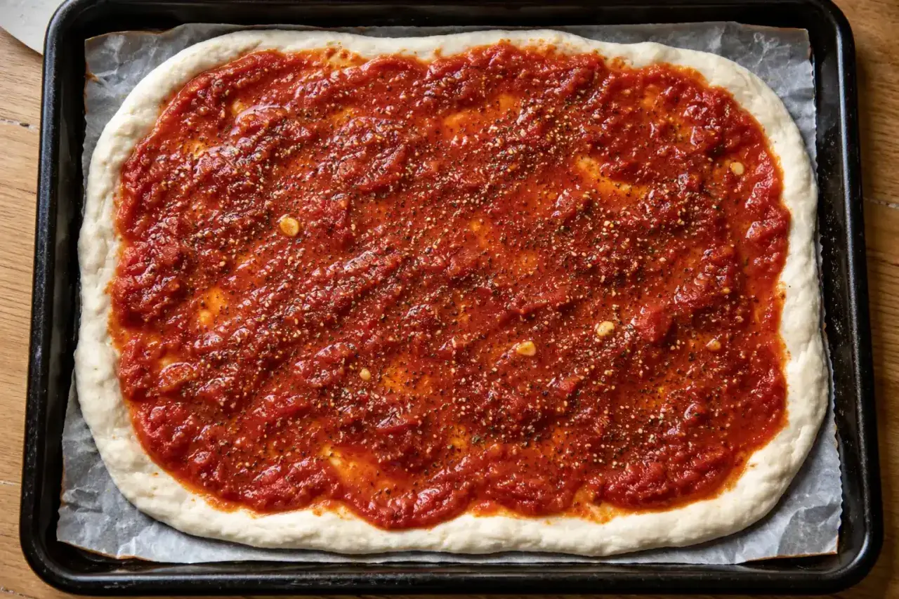 En obakad pizza med en generös mängd tomatsås och kryddor, redo att bakas.