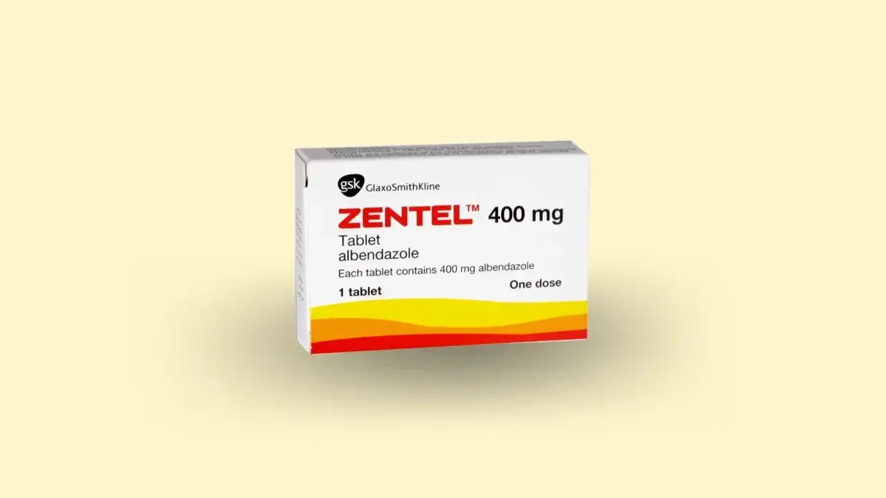 Opakowanie Zentel 400 mg, tabletka z albendazolem, stosowana na pasożyty. Jedna tabletka to jedna dawka.