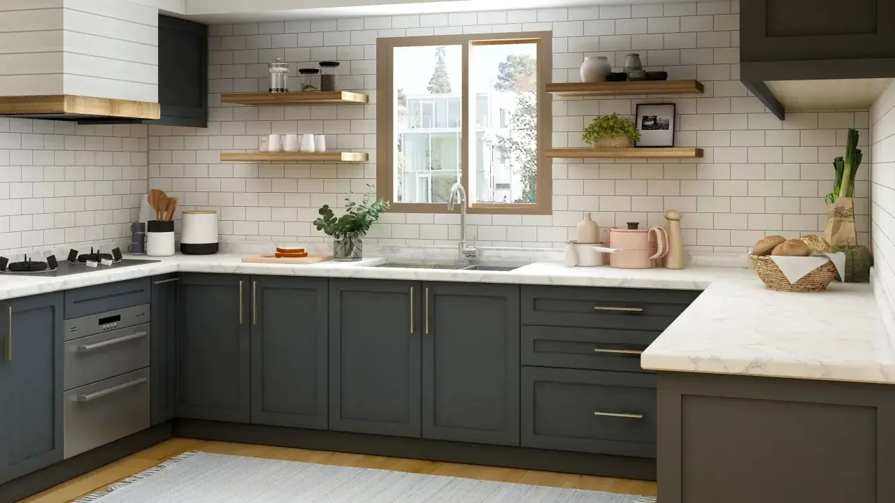 Cocina moderna con muebles oscuros y encimeras de mármol. Se aprecian detalles de las medidas puertas muebles de cocina, estantes y electrodomésticos.