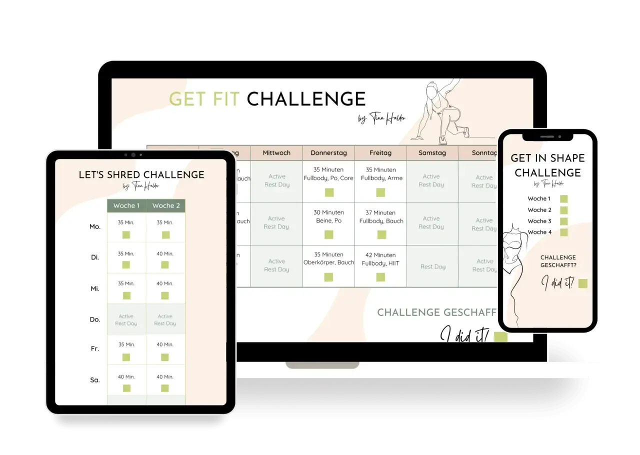 Trainingspläne für einen Softgainer: "Get Fit Challenge" und "Let's Shred Challenge" mit täglichen Workouts und Ruhetagen.