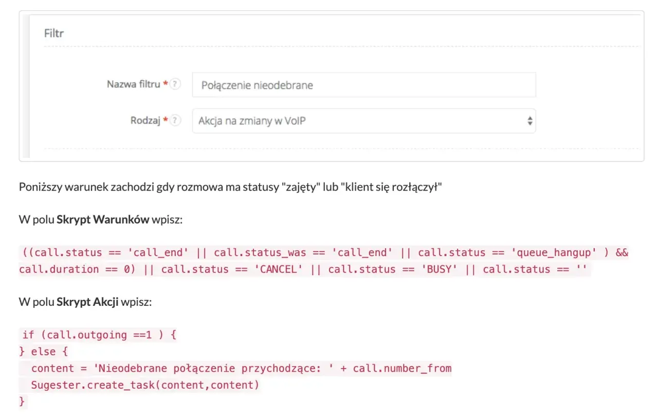Konfiguracja filtra "Połączenie nieodebrane" dla akcji w VoIP. Skrypt warunków i akcji do obsługi nieodebranych połączeń przychodzących.