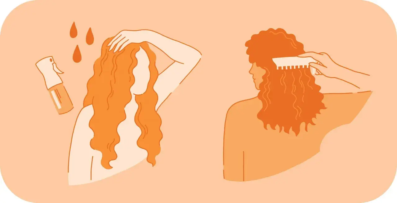 Illustration of two women with wavy orange hair, one spraying her hair, the other combing it.