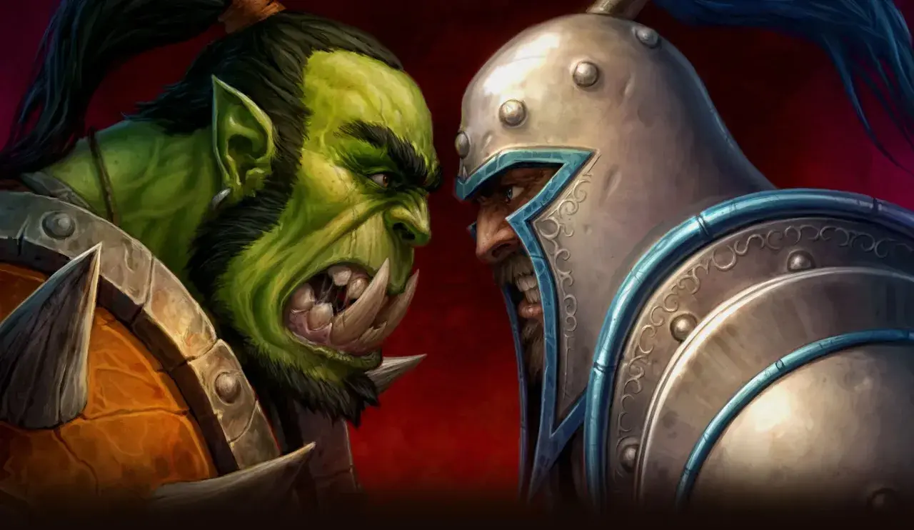 Zacięta konfrontacja orka i człowieka, ikoniczna dla Warcraft: Orcs & Humans.