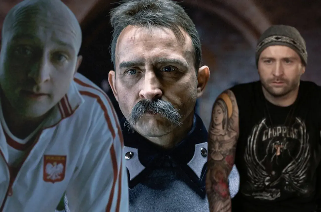Borys Szyc w różnych rolach filmowych: łysy w dresie z orłem, z wąsem i w czapce.