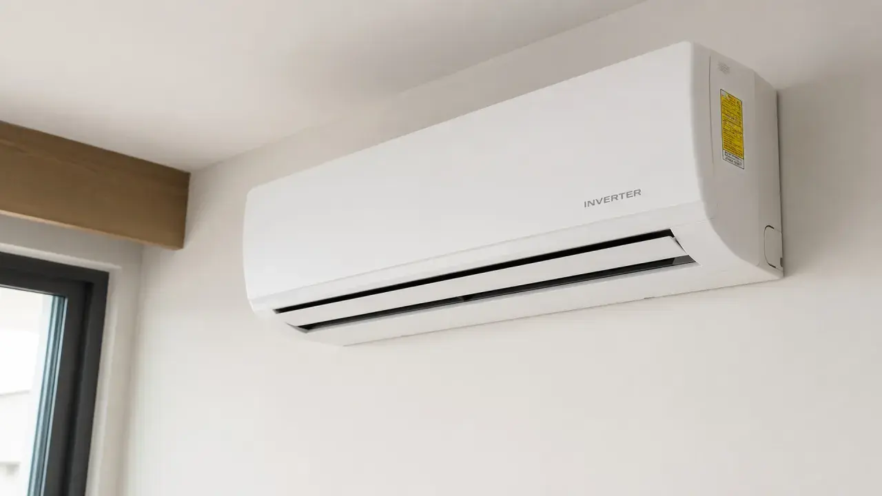 Unidad de aire acondicionado blanca montada en la pared, con la etiqueta "INVERTER" visible.