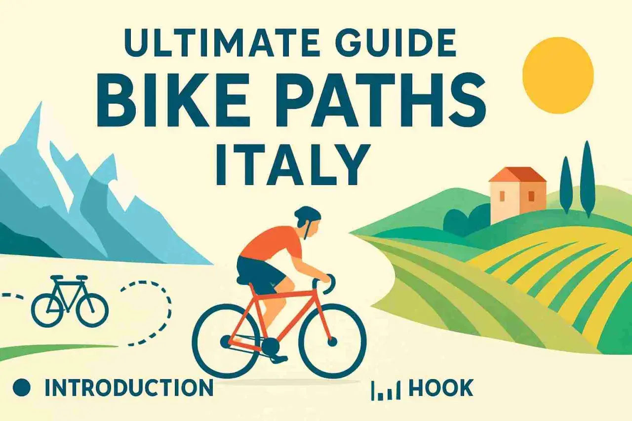 Illustration of a cyclist on a path through Italian countryside with mountains and vineyards.