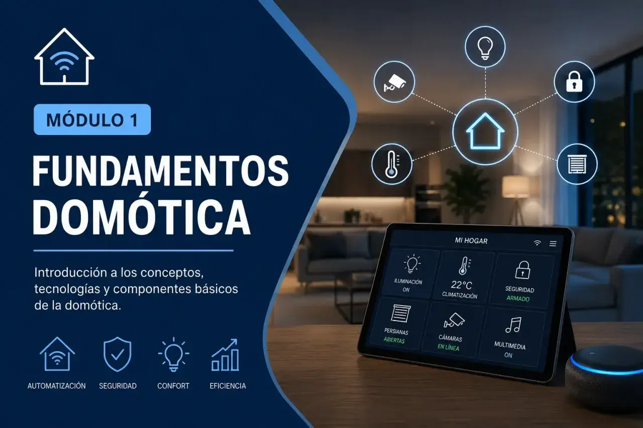 Aprende a domotizar tu casa con este módulo sobre fundamentos de domótica, mostrando control de iluminación, temperatura, seguridad y más en una tablet.