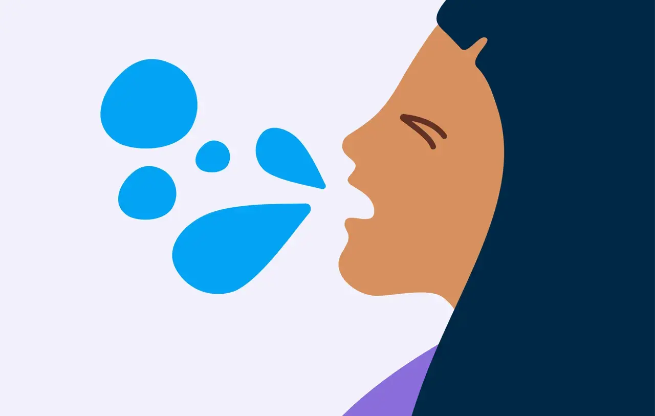 Profil d'une personne toussant, avec des gouttelettes bleues projetées. Conseils pour savoir comment faire passer une toux.