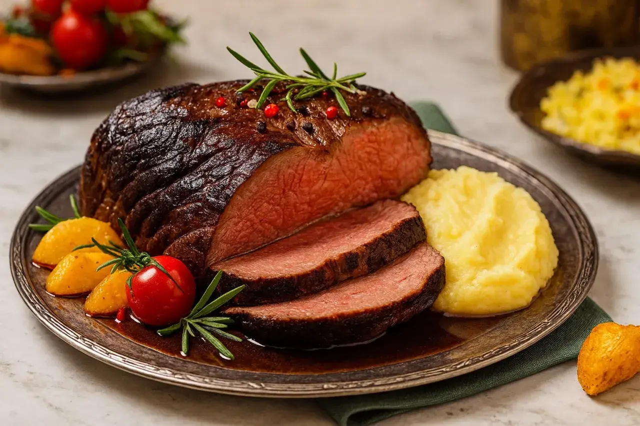 Saftiges Brasato al Barolo, zart geschnitten, serviert mit cremigem Kartoffelpüree und garniert mit Rosmarin und Kirschtomaten.