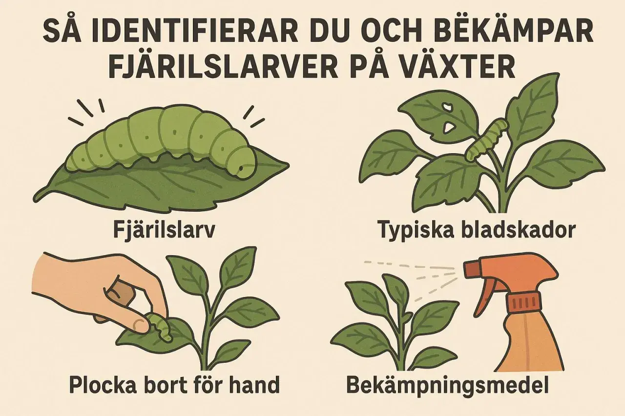 Bilden visar hur man identifierar och bekämpar fjärilslarver inomhus. En stor grön larv på ett blad, bladskador, bortplockning för hand och bekämpningsmedel.