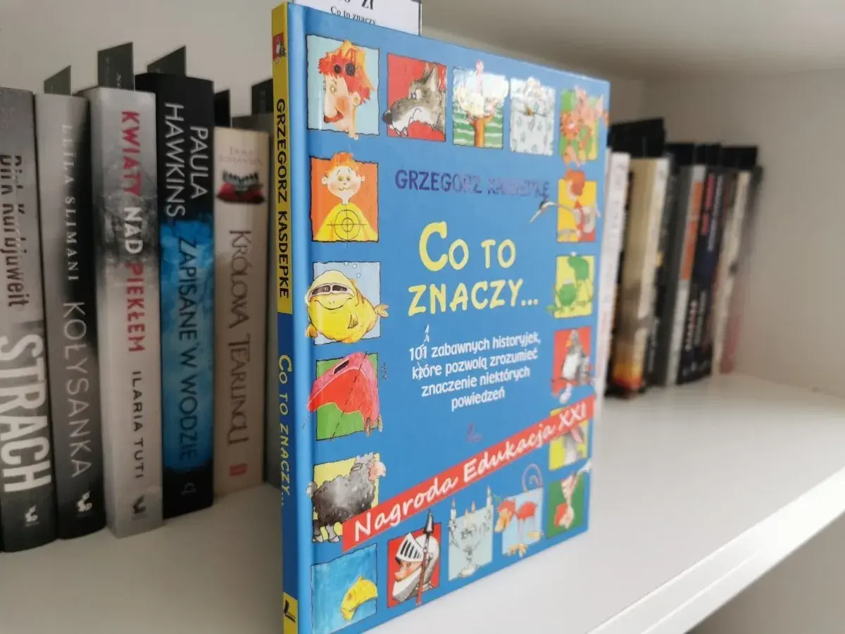 Recenzja książki Grzegorza Kasdepke "Co to znaczy...". Kolorowa okładka z zabawnymi ilustracjami zapowiada 101 historii, które pomogą zrozumieć znaczenie słów.