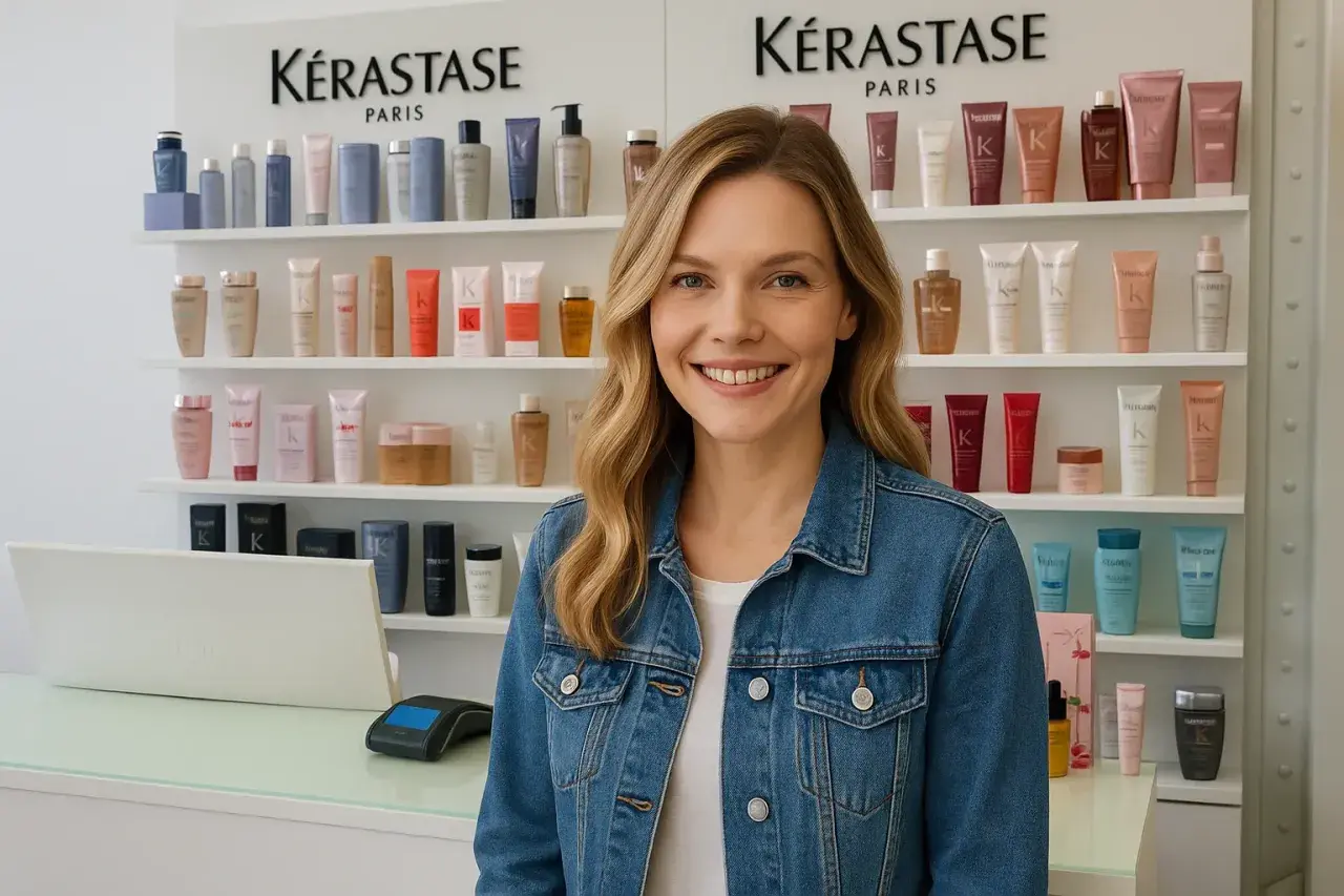 Mujer sonriente frente a estantes de productos Kérastase, mostrando variedad de tipos de mechas y tratamientos capilares.