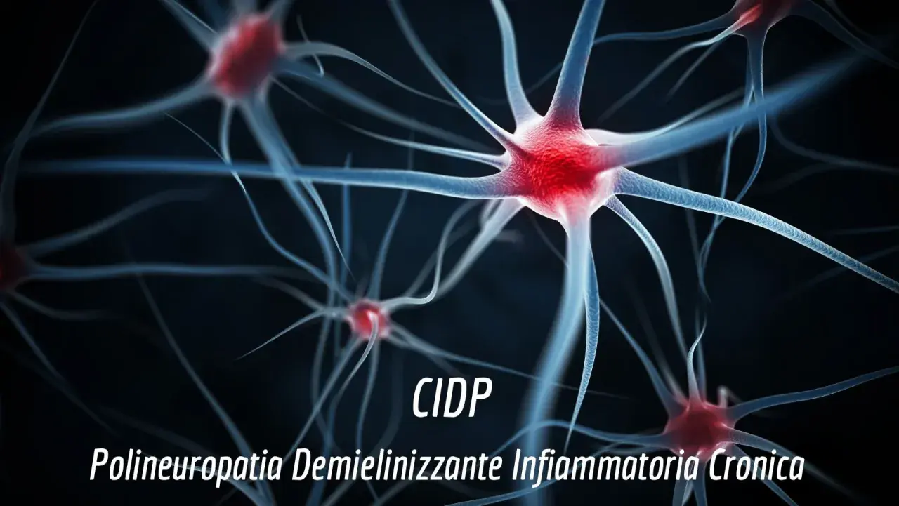 Neuroni stilizzati con testo "CIDP Polineuropatia Demielinizzante Infiammatoria Cronica", che può causare invalidità.