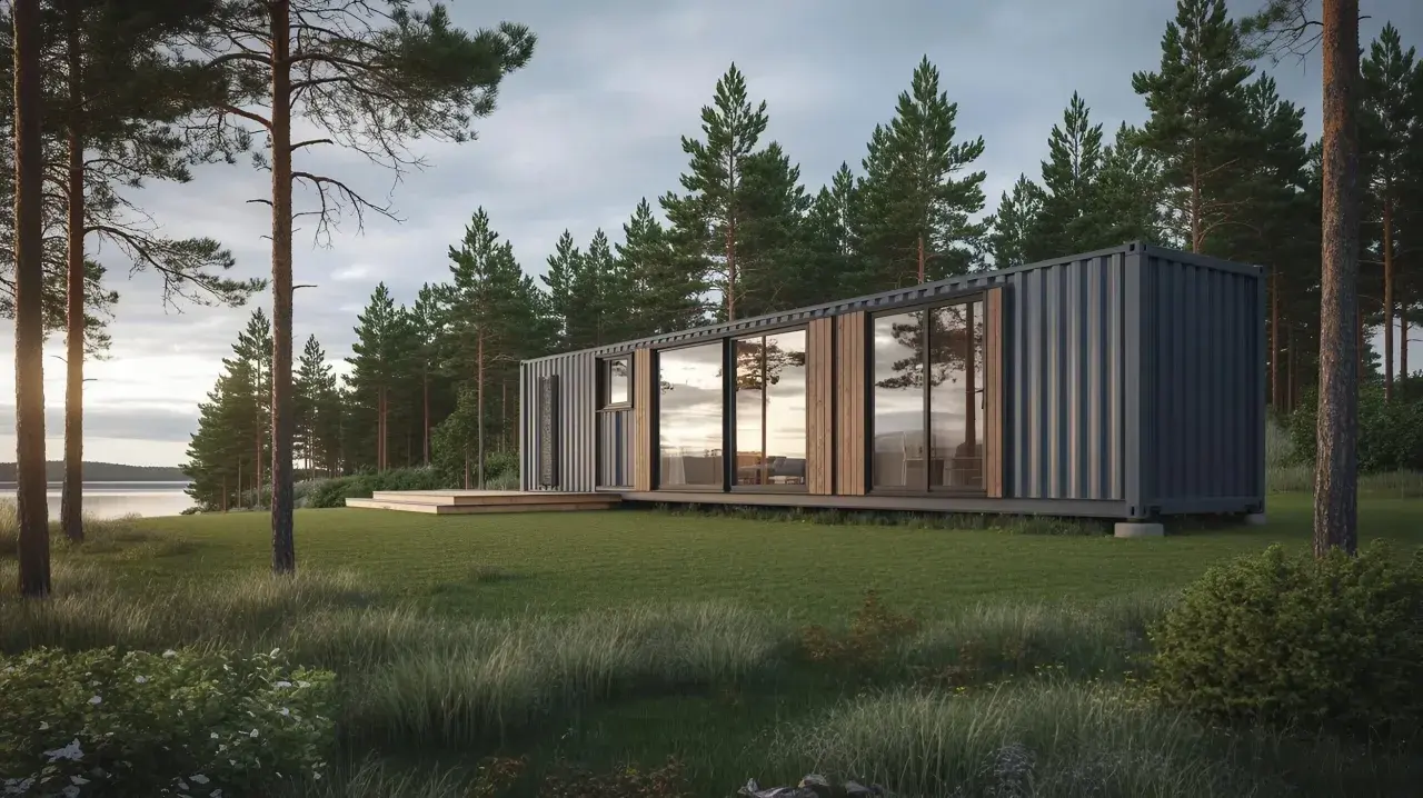 Modernt container hus vid en sjö, omgivet av tallskog och gräs. Solnedgången speglas i de stora fönstren.