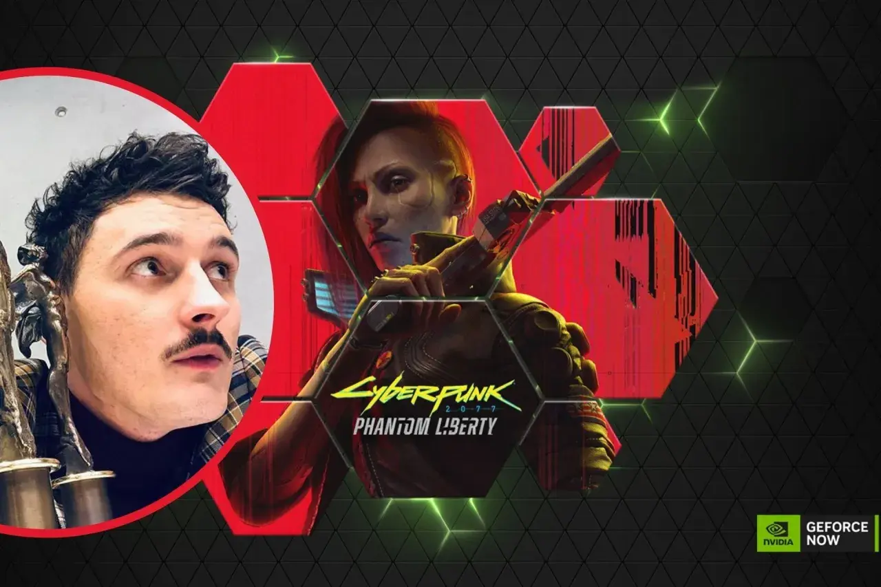 Dawid Podsiadło w futurystycznym wydaniu, obok postaci z gry Cyberpunk 2077: Phantom Liberty.