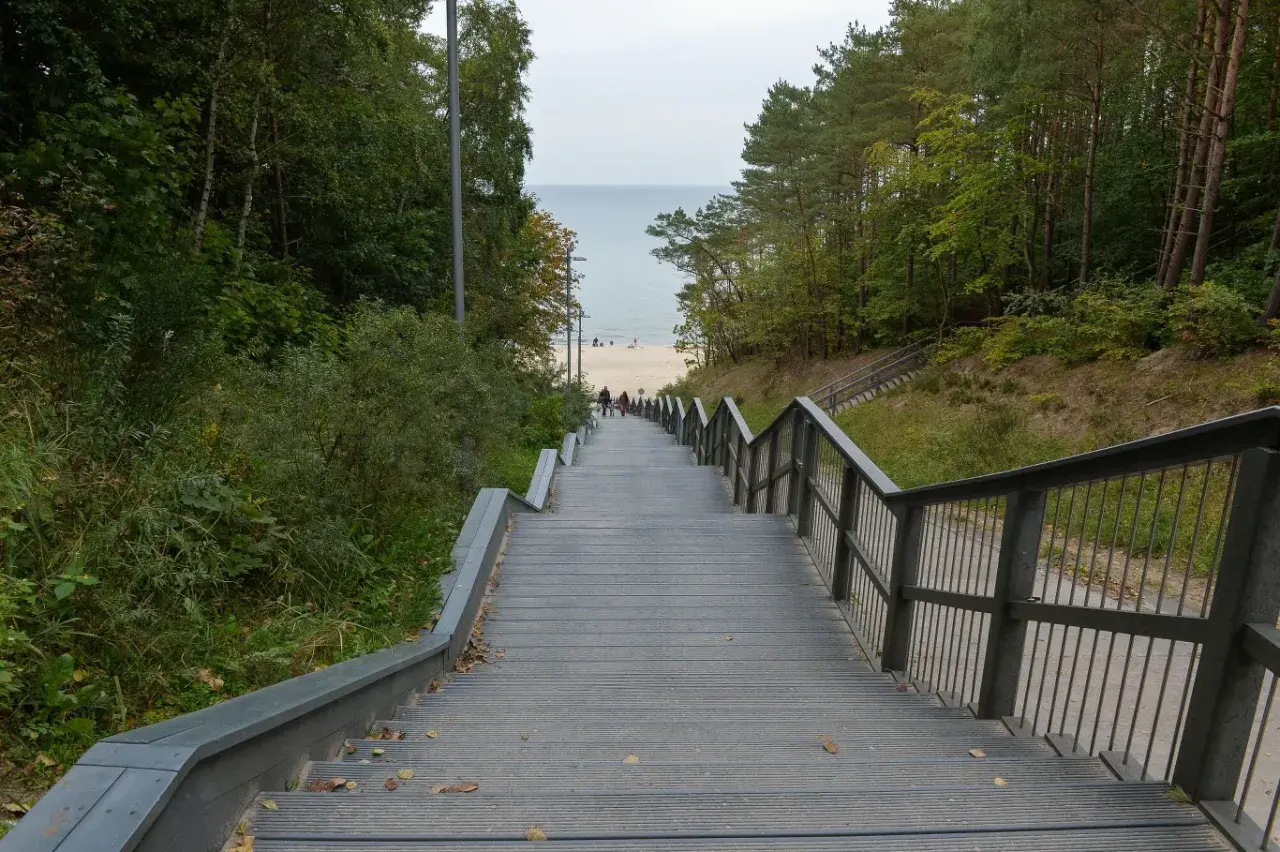 Schody prowadzące na plażę, jak ścieżka do Jastrzębiej Góry, Gwiazdy Północy. Las po bokach, morze w oddali.