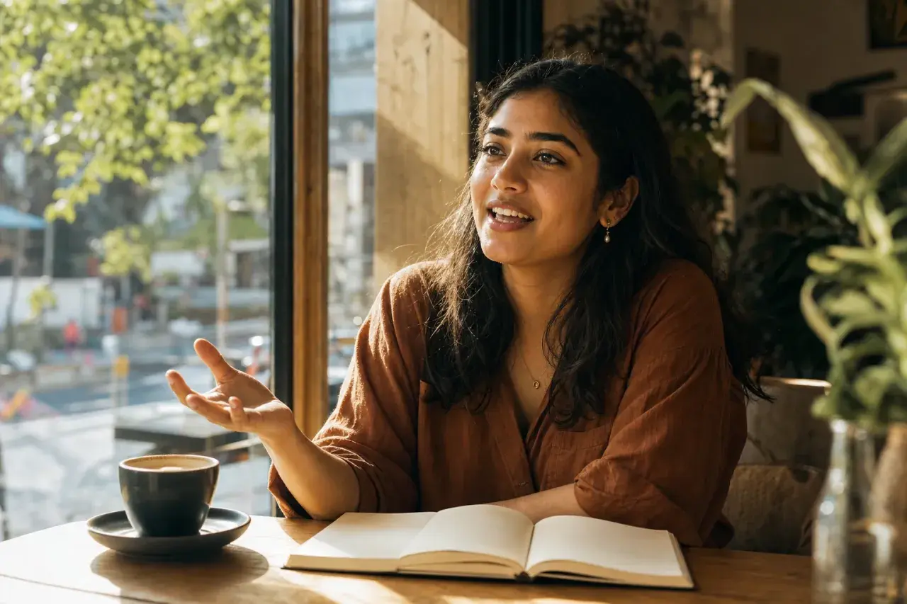Donna sorridente parla, con un libro aperto e una tazza di caffè. Sembra avere idee *amazing* e *awesome*.