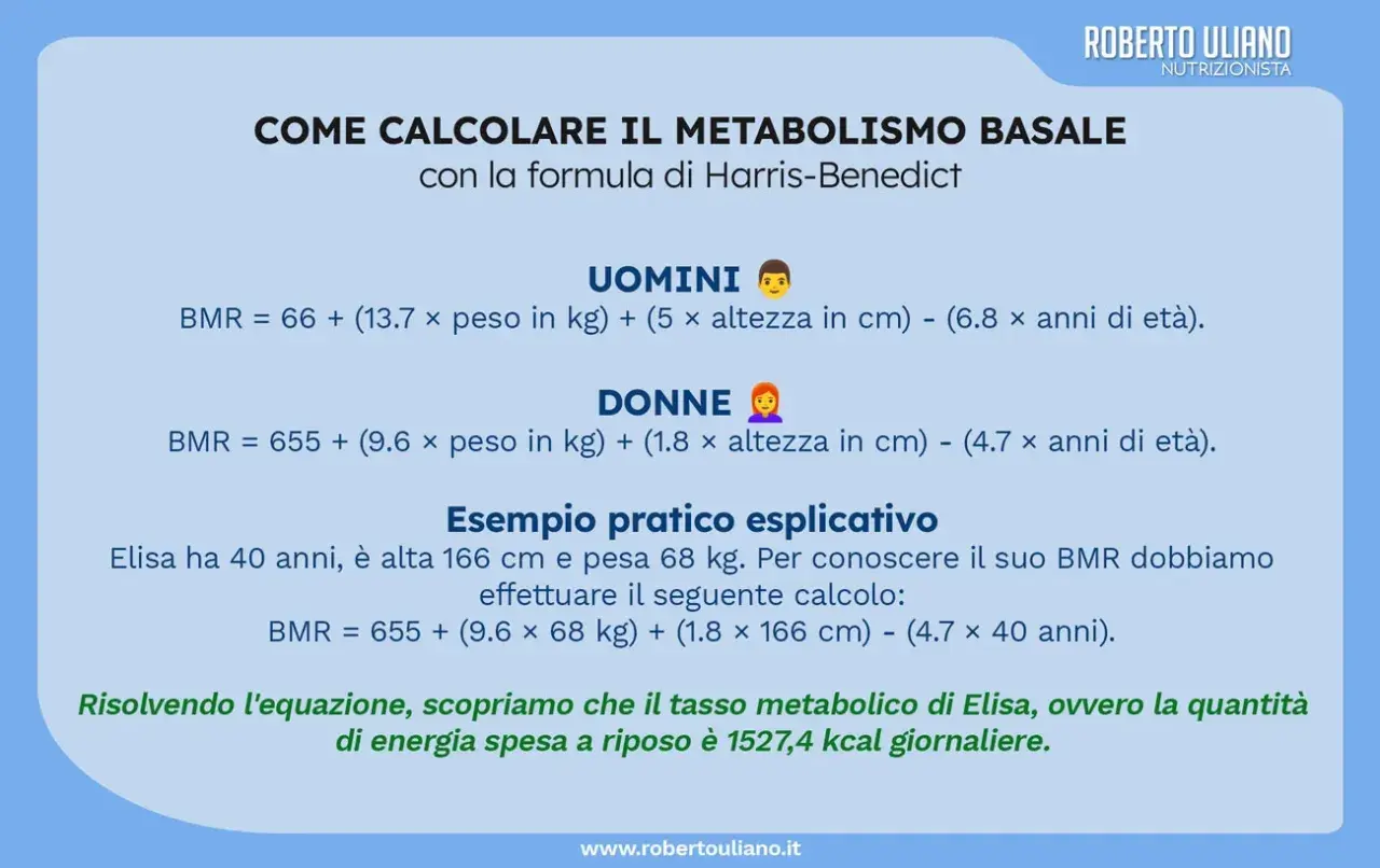 Calcola quante calorie si bruciano al giorno con la formula di Harris-Benedict. Esempio pratico per Elisa: 1527,4 kcal giornaliere.