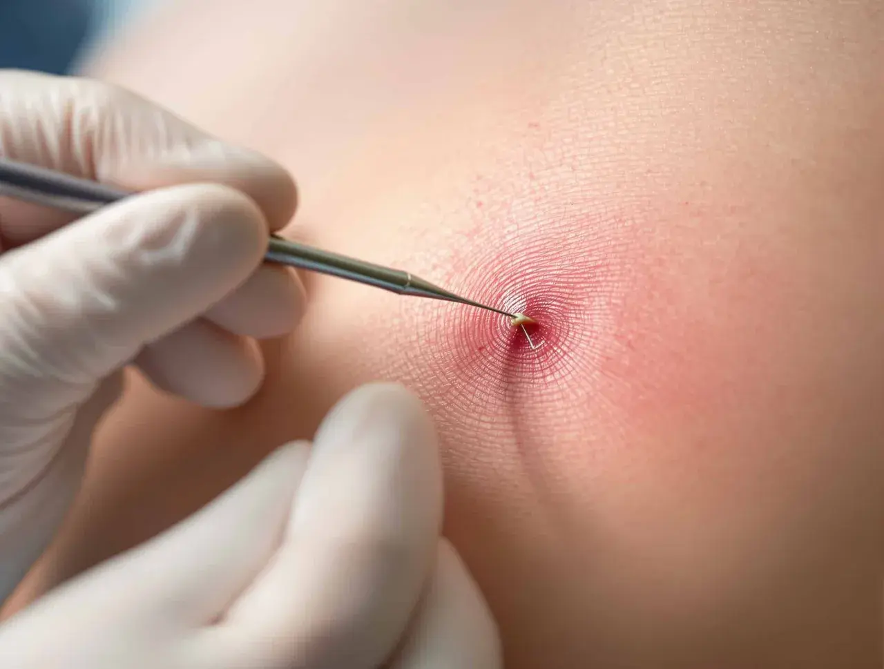 Main d'un chirurgien en gant manipulant une aiguille pour retirer un point de suture résorbable infecté.
