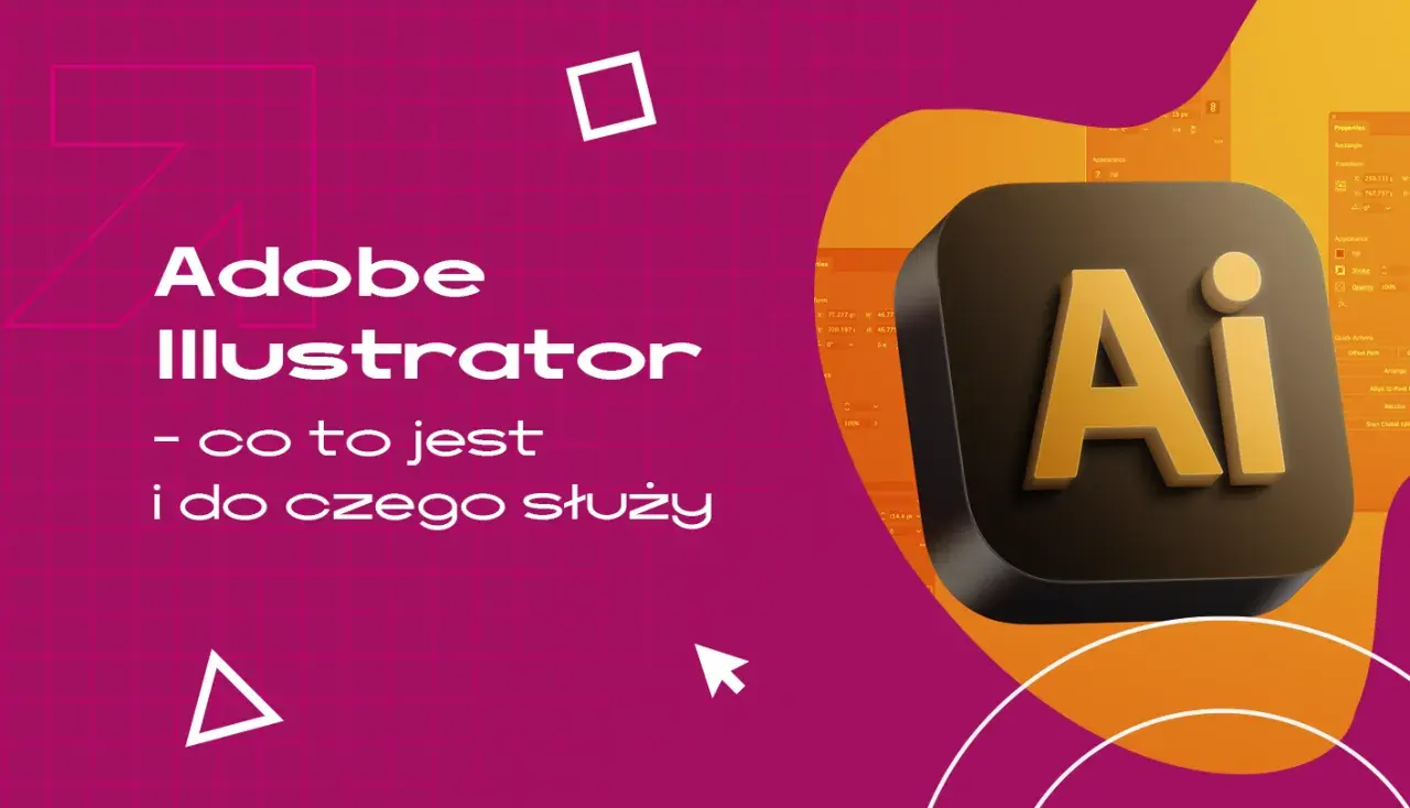 Logo Adobe Illustrator i tekst "Adobe Illustrator - co to jest i do czego służy" na tle z siatką i geometrycznymi kształtami.
