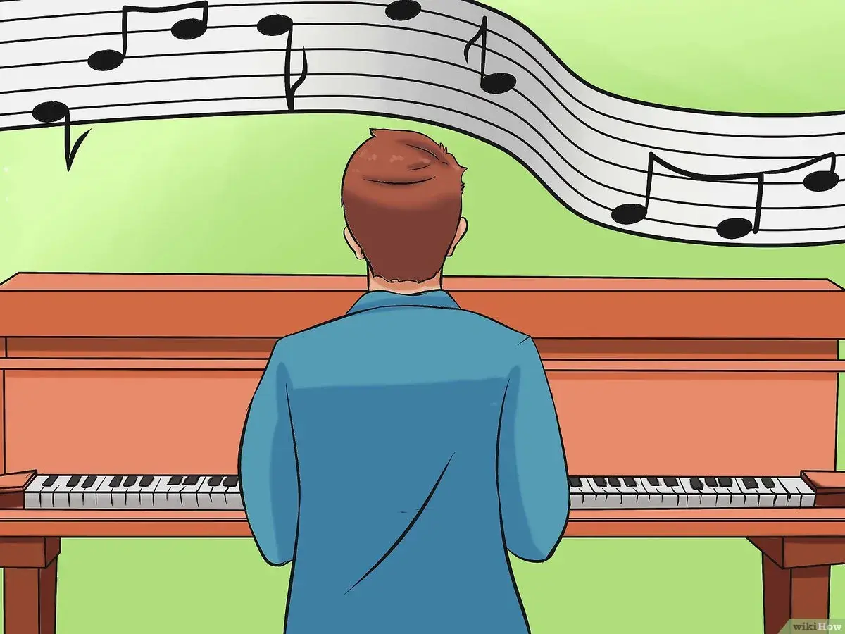 Un pianiste joue devant un piano, une partition de musique flottant au-dessus, avec une note tonique bien visible.