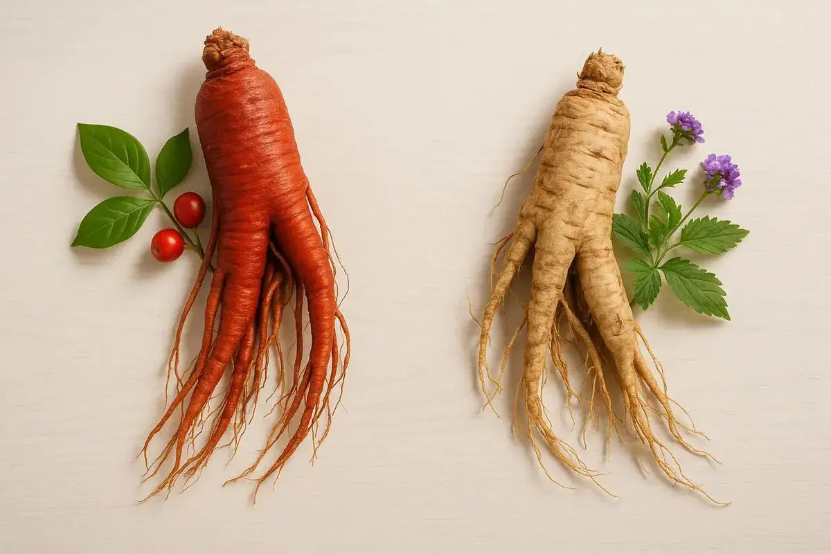 Två ginsengroter, en röd med bär och en ljus med blommor. Tänk på ginseng biverkningar vid användning.