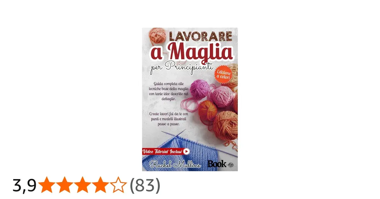 Copertina libro "Lavorare a Maglia per Principianti", con gomitoli colorati e un lavoro a maglia in corso. Impara a lavorare a maglia con questa guida.