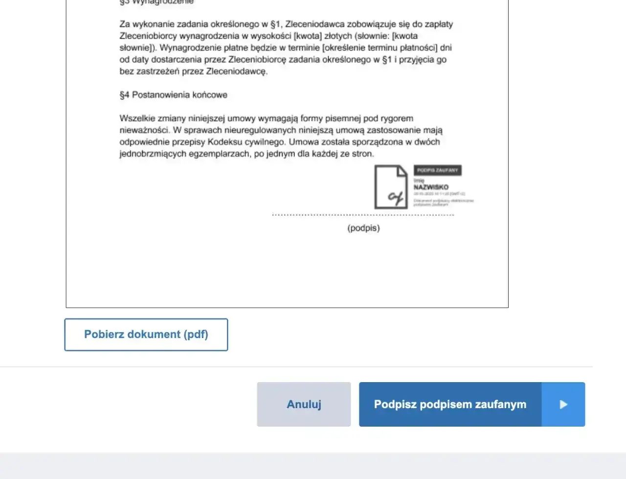 Podpisz dokument profilem zaufanym. Widoczny fragment umowy i przycisk do podpisu elektronicznego.