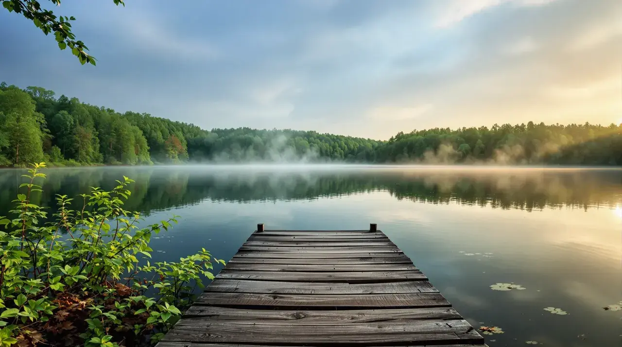 Drewniany pomost nad spokojnym jeziorem kacze oko, otoczonym lasem. Poranna mgła unosi się nad wodą, tworząc magiczną atmosferę.