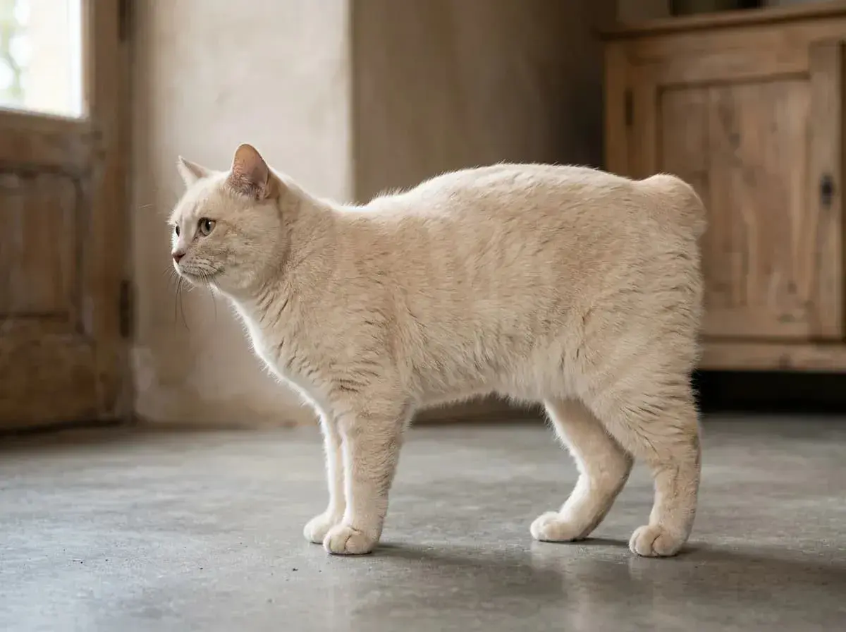 A cream-colored cat with no tail stands alertly on a concrete floor.