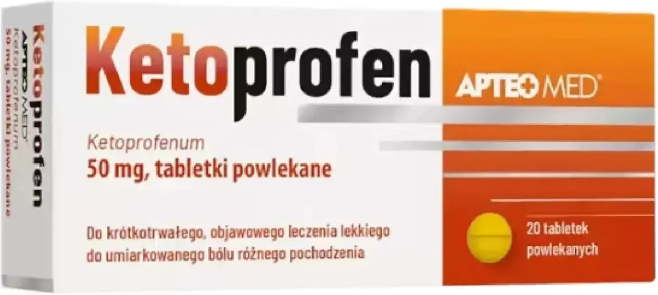 Opakowanie leku Ketoprofenum 50 mg, tabletki powlekane, 20 sztuk. Pomaga na ból.