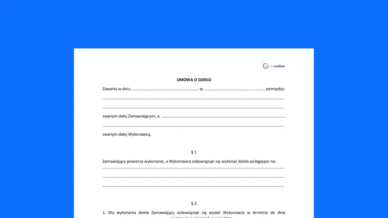 Strony umowy o dzieło: nagłówek "UMOWA O DZIEŁO", pola na dane stron i opis przedmiotu umowy.