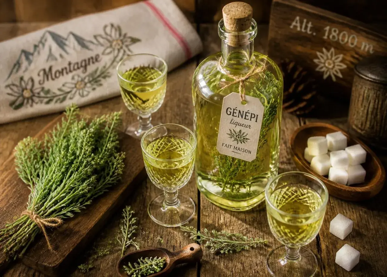 Bouteille de liqueur de génépi fait maison, servie dans des verres avec des brins d'herbe et des morceaux de sucre. Une invitation à découvrir la recette génépi.