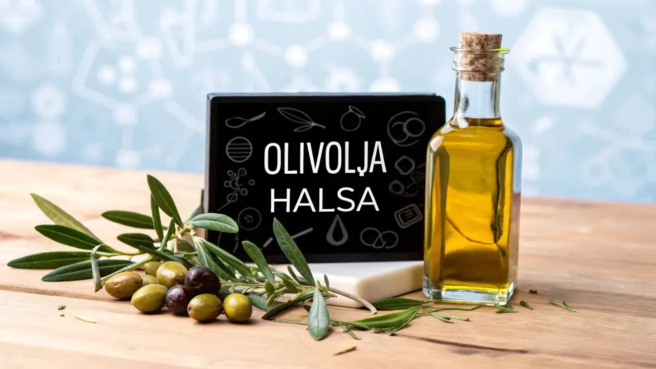 En flaska gyllene olivolja, färska oliver och en skylt med texten "OLIVOLJA HALSA". Olivolja nyttigt för hälsan.