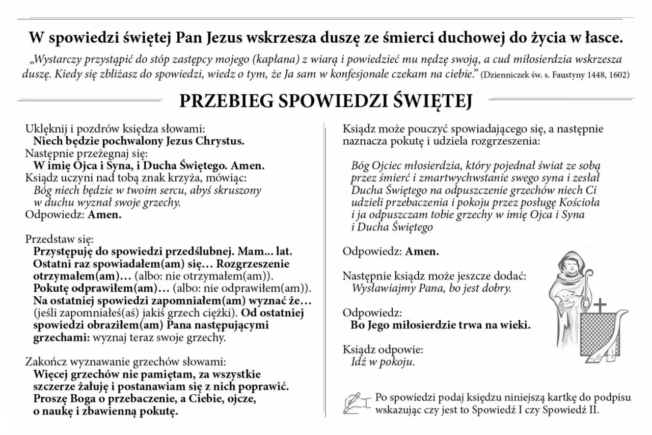 Tekst instrukcji do spowiedzi przedślubnej. Zawiera modlitwy i pytania do spowiadającego się.