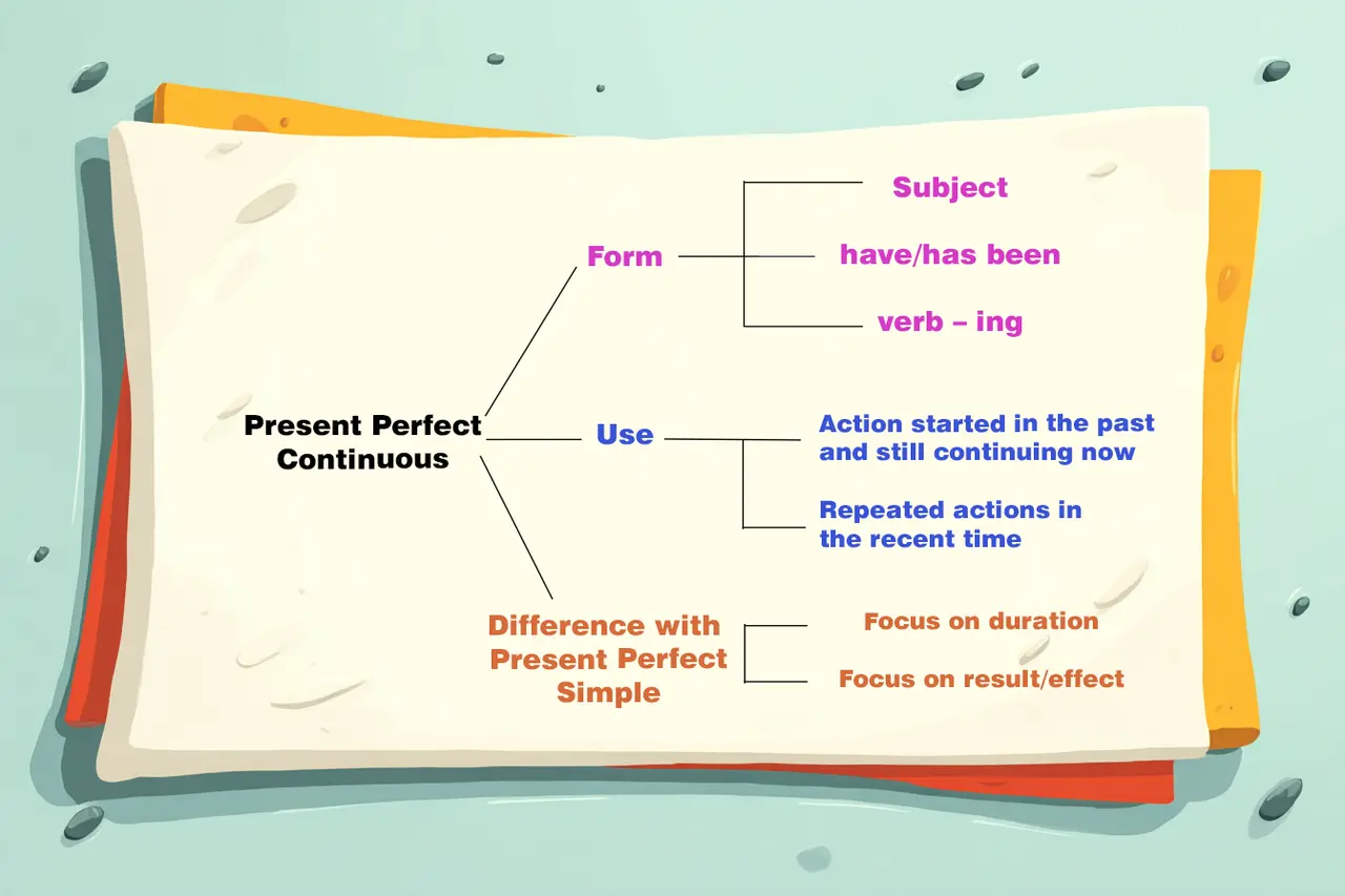 Schema sul Present Perfect Continuous: forma (soggetto, have/has been, verbo -ing), uso (azioni iniziate nel passato e ancora in corso, azioni ripetute), e differenza con il Present Perfect Simple (focus su durata vs. risultato).