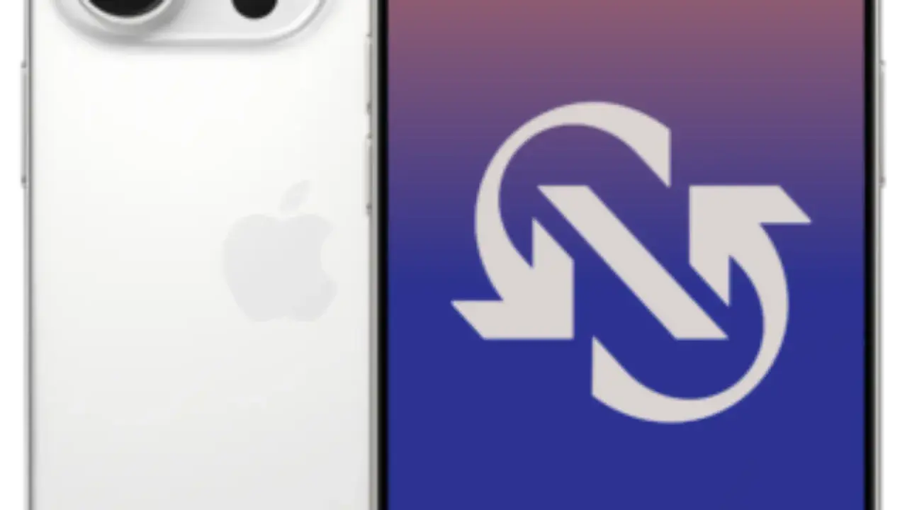 Biały iPhone 14 obok ekranu z symbolem odświeżania. Poznaj jego wymiary.
