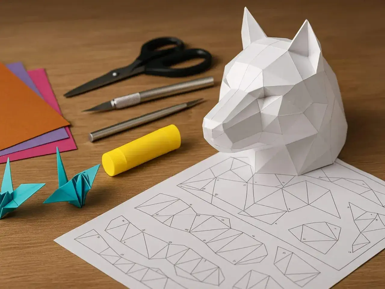 Papier, ciseaux, colle et patron boite paques pour créer une tête de loup géométrique.