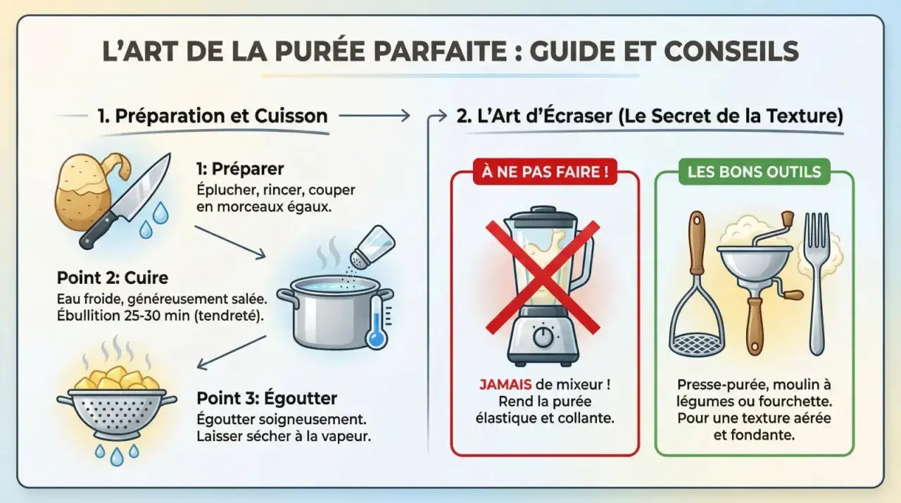 Guide pour une purée maison parfaite : préparation, cuisson, égouttage. Évitez le mixeur, privilégiez presse-purée ou fourchette pour une texture aérée.
