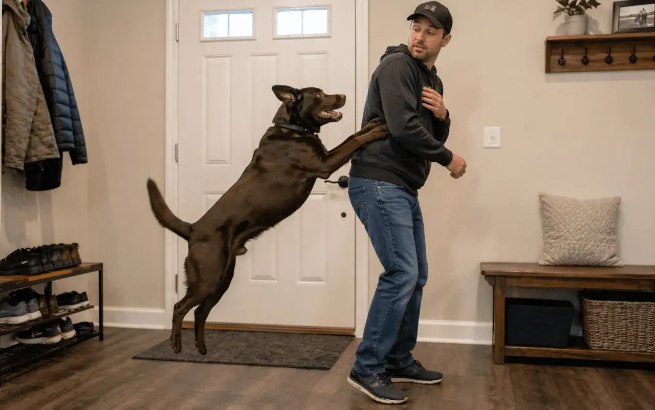 A man in jeans and a hoodie tries to stop his excited dog from jumping on him. This image illustrates how to stop a dog from jumping on people.