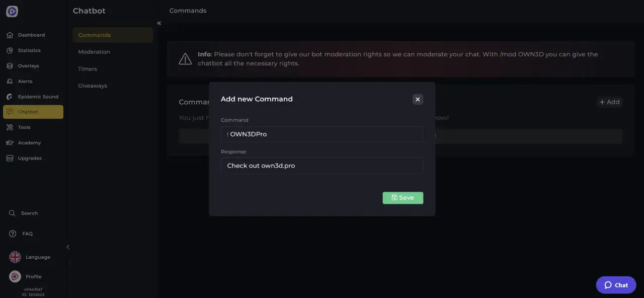 Ein Fenster zum Twitch bot einrichten zeigt, wie man einen neuen Befehl mit der Antwort "Check out own3d.pro" hinzufügt.