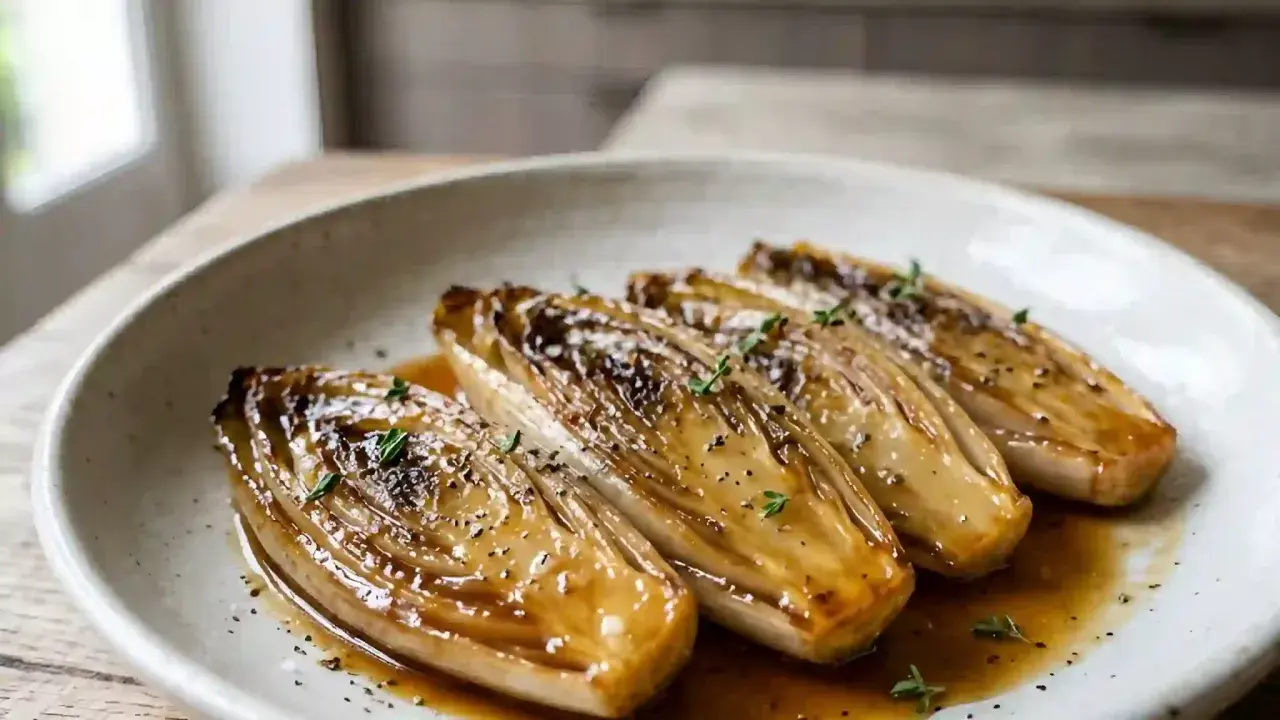 Quatre endives braisées, caramélisées et nappées d'une sauce savoureuse, garnies de thym frais et de poivre noir.
