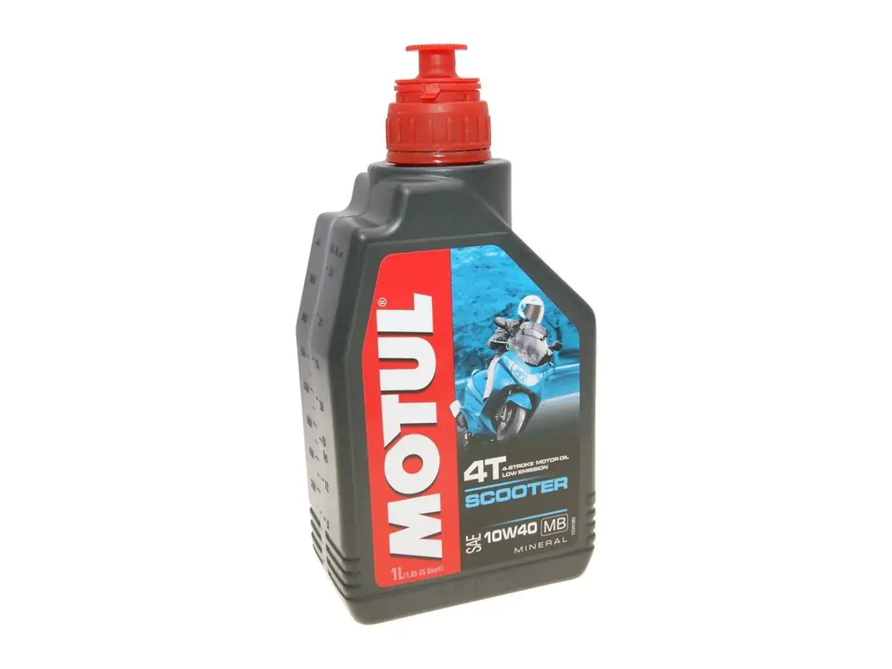 Butelka oleju Motul Transoil 10W40 Scooter z wizerunkiem skutera.